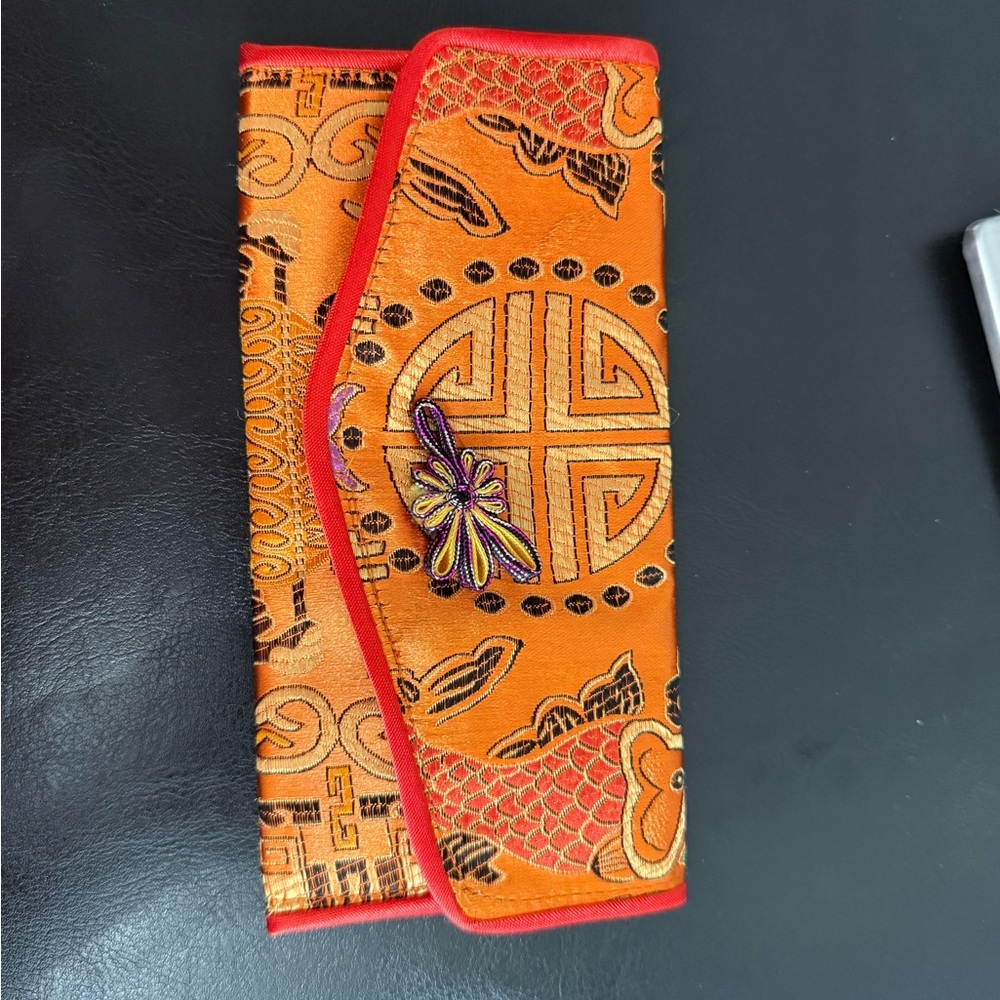 NWOT Satin Orange Embroidered Clutch